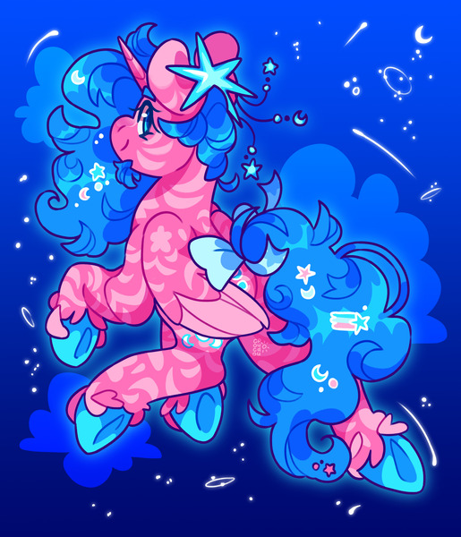 Size: 3115x3626 | Tagged: safe, artist:cocopudu, derpibooru import, alicorn, pony, g1, aurora (g1), bow, fairy brights, female, gradient background, image, jpeg, looking back, mare, smiling, solo, space, tail, tail bow, underhoof, unshorn fetlocks