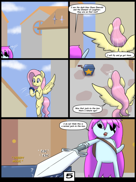 Size: 6000x8000 | Tagged: safe, alternate version, artist:chedx, derpibooru import, fluttershy, pegasus, comic:learning with pibby glitch battles, fanfic, comic, commission, community related, crossover, fanfic art, image, multiverse, pibby, png, sword, weapon