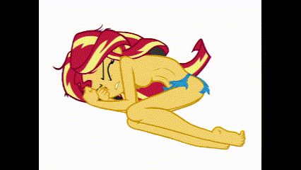 Size: 426x240 | Tagged: questionable, derpibooru import, sunset shimmer, equestria girls, animated, barefoot, beautiful, belly button, bikini, clothes, cold, eyes closed, feet, flinching, gif, image, jungle girl, legs, loincloth, lying down, lying on the ground, messy hair, nudity, partial nudity, reaction, sexy, solo, swimsuit, topless, torn clothes