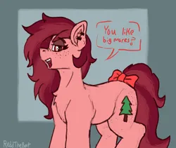Size: 1648x1390 | Tagged: safe, artist:reddthebat, derpibooru import, oc, oc:red woods, unofficial characters only, earth pony, pony, bow, chest freckles, dialogue, female, freckles, image, lidded eyes, mare, open mouth, open smile, png, smiling, solo, tail, tail bow, talking to viewer
