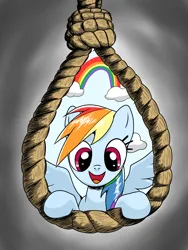 Size: 1536x2048 | Tagged: semi-grimdark, artist:sangam, derpibooru import, rainbow dash, pony, female, g4, happy, humor, image, implied hanging, implied suicide, looking at you, open mouth, png, solo, suicide, the equestria after death, we are going to hell
