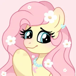 Size: 1080x1080 | Tagged: safe, artist:cstrawberrymilk, derpibooru import, fluttershy, pegasus, pony, blushing, bust, cute, eyebrows, female, flower, flower in hair, g4, image, jpeg, looking at you, mare, raised hoof, shyabetes, simple background, smiling, smiling at you, solo