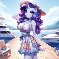 Size: 1024x1024 | Tagged: safe, ai content, derpibooru import, machine learning generated, rarity, anthro, blushing, boat, breasts, busty rarity, cleavage, clothes, dress, female, generator:bing image creator, generator:dall-e 3, hat, image, jpeg, looking at you, minidress, ocean, pier, smiling, smiling at you, solo, water, yacht