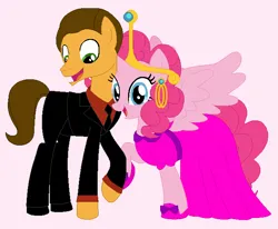 Size: 649x534 | Tagged: safe, artist:nathaniel718, derpibooru import, cheese sandwich, pinkie pie, alicorn, earth pony, pony, adventure time, business suit, cartoon network, cheesepie, clothes, cosplay, costume, crossover, crown, dress, ear piercing, earring, female, happy, husband and wife, image, jewelry, male, nergal, nergal and princess bubblegum, piercing, png, princess bubblegum, princess dress, regalia, shipping, straight, the grim adventures of billy and mandy