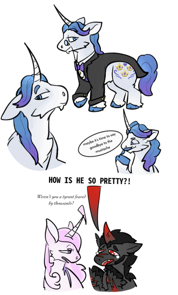 Size: 904x1500 | Tagged: safe, artist:k4iy0te, derpibooru import, fancypants, king sombra, pony, unicorn, bowtie, clothes, curved horn, dialogue, female, gay, glasses, horn, image, male, mare, monocle, png, scar, shipping, stallion, suit, teary eyes, unshorn fetlocks