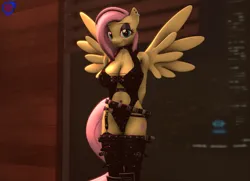 Size: 2987x2160 | Tagged: suggestive, artist:rainsstudio, derpibooru import, fluttershy, anthro, pegasus, plantigrade anthro, 3d, alternate hairstyle, belts, big breasts, breasts, busty fluttershy, clothes, commission, ear piercing, eyeshadow, female, fluttergoth, goth, image, looking at you, makeup, nexgen, piercing, png, skimpy outfit, socks, solo, solo female, source filmmaker, spread wings, standing, thigh highs, wings