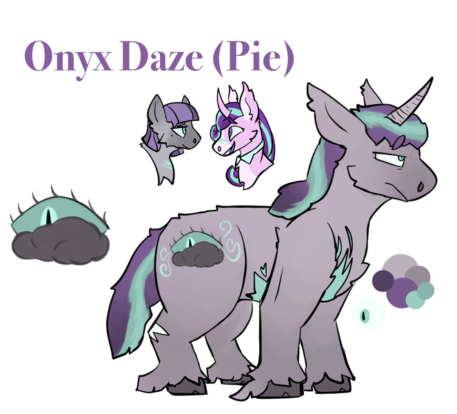 Size: 1696x1535 | Tagged: safe, artist:k4iy0te, derpibooru import, maud pie, starlight glimmer, oc, oc:onyx daze, earth pony, pony, unicorn, chest fluff, curved horn, female, horn, image, lesbian, magical lesbian spawn, male, mare, next generation, offspring, parent:maud pie, parent:starlight glimmer, parents:starmaud, png, reference sheet, scar, shipping, simple background, stallion, starmaud, unshorn fetlocks, white background