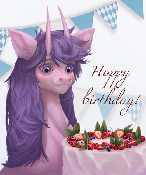 Size: 1280x1536 | Tagged: safe, artist:unten, derpibooru import, oc, unofficial characters only, pony, birthday, birthday cake, blueberry, cake, ear fluff, female, food, happy birthday, horns, image, jpeg, mare, raspberry, solo, strawberry, tongue out
