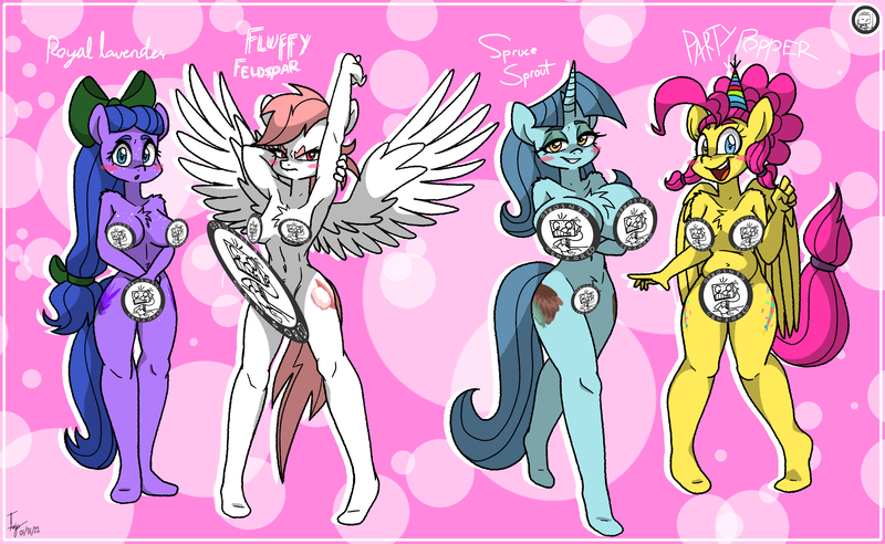 Size: 2600x1600 | Tagged: questionable, artist:angrydiaper123, derpibooru import, oc, oc:fluffy feldspar, oc:party popper, oc:royal lavender, oc:spruce sprout, unofficial characters only, anthro, earth pony, pegasus, plantigrade anthro, unicorn, abstract background, arm under breasts, armpits, arms in the air, bedroom eyes, big breasts, blush sticker, blushing, boob freckles, breasts, censored, chest fluff, chest freckles, female, freckles, frown, futa, grin, heterochromia, image, implied erection, intersex, looking at you, nipples, nudity, party horn, png, pubic fluff, smiling, smiling at you, stretching