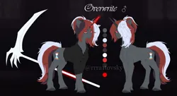 Size: 1280x695 | Tagged: safe, artist:unten, derpibooru import, oc, oc:overwrite, pony, unicorn, clothes, image, jpeg, magic, male, reference sheet, scythe, shirt, solo, stallion, telekinesis, watermark