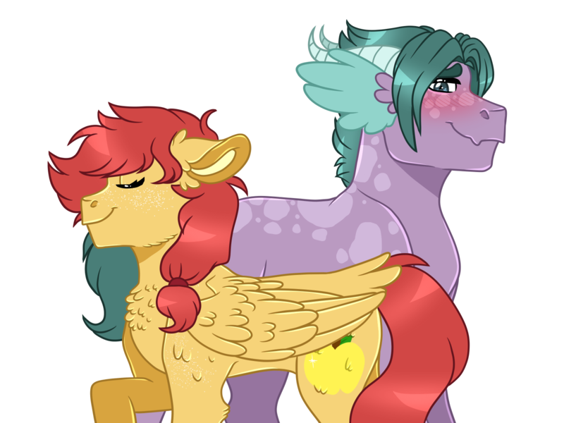 Size: 1600x1200 | Tagged: safe, artist:artistcoolpony, derpibooru import, oc, oc:ginger gold, oc:tanzanite, unofficial characters only, dracony, hybrid, pegasus, pony, blushing, chest fluff, duo, duo male and female, female, image, interspecies offspring, male, mare, oc x oc, offspring, offspring shipping, parent:applejack, parent:rarity, parent:soarin', parent:spike, parents:soarinjack, parents:sparity, png, shipping, simple background, smiling, stallion, straight, transparent background
