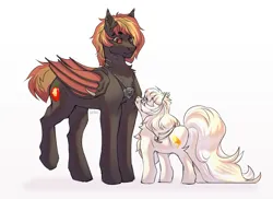 Size: 1280x933 | Tagged: safe, artist:unten, derpibooru import, oc, unofficial characters only, bat pony, earth pony, pony, chest fluff, duo, ear fluff, female, height difference, image, jewelry, jpeg, male, mare, necklace, scar, simple background, stallion, white background
