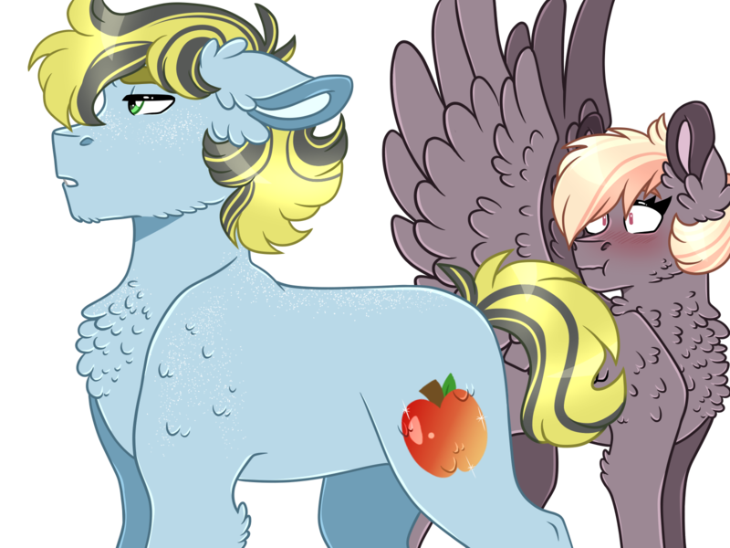 Size: 1600x1200 | Tagged: safe, artist:artistcoolpony, derpibooru import, oc, oc:hazel skies, oc:jonagold, earth pony, pegasus, pony, :t, blushing, chest fluff, duo, duo male and female, female, floppy ears, flustered, image, male, mare, oc x oc, offspring, offspring shipping, parent:applejack, parent:dumbbell, parent:rainbow dash, parent:soarin', parents:dumbdash, parents:soarinjack, png, shipping, spread wings, stallion, straight, wingboner, wings
