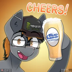 Size: 2160x2160 | Tagged: safe, artist:difis, derpibooru import, oc, pegasus, pony, alcohol, auction, auction open, beer, bud light, bud light platinum, cap, commission, drink, energy drink, glasses, happy, hat, image, monster energy, png, solo, ych example, ych result, your character here