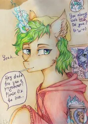 Size: 2313x3244 | Tagged: safe, artist:hysteriana, derpibooru import, oc, oc:markov, oc:megabait, oc:spacelight, pony, unicorn, blue eyes, chibi, clothes, coffee, coffee cup, cup, dialogue, do it for her, ear fluff, exploitable meme, gift art, green mane, hat, hoodie, image, jpeg, levitation, magic, male, meme, poster, programming, simple background, smiling, socks, stallion, stockings, telekinesis, thigh highs, traditional art, working, yellow background