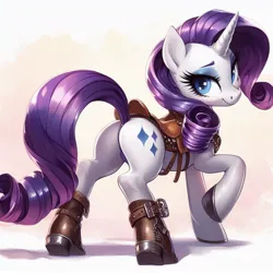 Size: 1024x1024 | Tagged: suggestive, ai content, derpibooru import, machine learning generated, rarity, pony, unicorn, boots, butt, clothes, female, g4, generator:dall-e 3, image, jpeg, leather, leather straps, looking at you, looking back, looking back at you, mare, plot, pose, raised hoof, rear view, saddle, shoes, smiling, smiling at you, solo, tack, tail