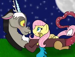 Size: 2048x1536 | Tagged: safe, artist:ashley-the-muffin, derpibooru import, discord, fluttershy, draconequus, pegasus, pony, blushing, discoshy, female, image, jpeg, looking at each other, looking at someone, lying down, male, moon, night, prone, shipping, stars, straight