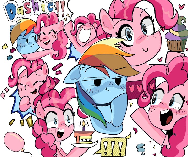 Size: 2048x1712 | Tagged: safe, artist:fluttereinites, derpibooru import, pinkie pie, rainbow dash, earth pony, pegasus, pony, balloon, blushing, cake, candle, cross-popping veins, cupcake, emanata, female, food, heart, hug, image, jpeg, lesbian, mare, pinkiedash, shipping