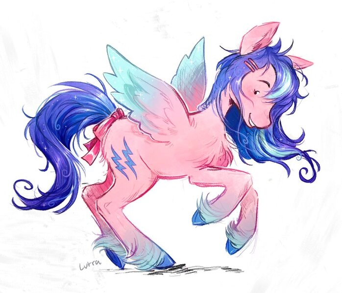 Size: 1130x971 | Tagged: safe, artist:lutraviolet, derpibooru import, firefly, pegasus, pony, g1, bow, chest fluff, colored wings, female, hairclip, image, jpeg, mare, multicolored wings, simple background, solo, tail, tail bow, unshorn fetlocks, white background, wings