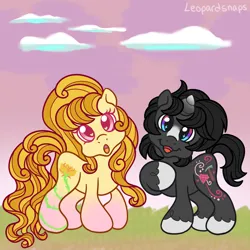 Size: 3000x3000 | Tagged: safe, artist:leopardsnaps, derpibooru import, oc, oc:crystal nightshine, oc:golden rose, unofficial characters only, earth pony, unicorn, g3, cloud, curious, curly hair, duo, g3.5, gradient horn, gradient legs, grass, hoof on chest, horn, image, looking at you, outdoors, png, short tail, sky, smiling, tail, unshorn fetlocks