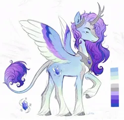 Size: 1086x1051 | Tagged: safe, artist:lutraviolet, derpibooru import, oc, unofficial characters only, alicorn, hybrid, kirin, pony, colored wings, commission, curved horn, horn, image, jpeg, male, multicolored wings, peytral, reference sheet, solo, stallion, unshorn fetlocks, wings