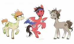 Size: 1188x718 | Tagged: safe, artist:lutraviolet, derpibooru import, ponified, earth pony, pegasus, pony, unicorn, cellbit, colored wings, glasses, headband, image, jpeg, male, minecraft, multicolored wings, qsmp, roier, simple background, slimecicle, torn ear, trio, white background, wings, youtuber