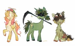 Size: 1379x836 | Tagged: safe, artist:lutraviolet, derpibooru import, ponified, earth pony, pegasus, pony, unicorn, baghera, chest fluff, etoiles, female, goggles, goggles on head, hat, image, jpeg, male, mare, minecraft, propeller hat, qsmp, scythe, simple background, stallion, torn ear, trio, tubbo, unshorn fetlocks, white background, youtuber