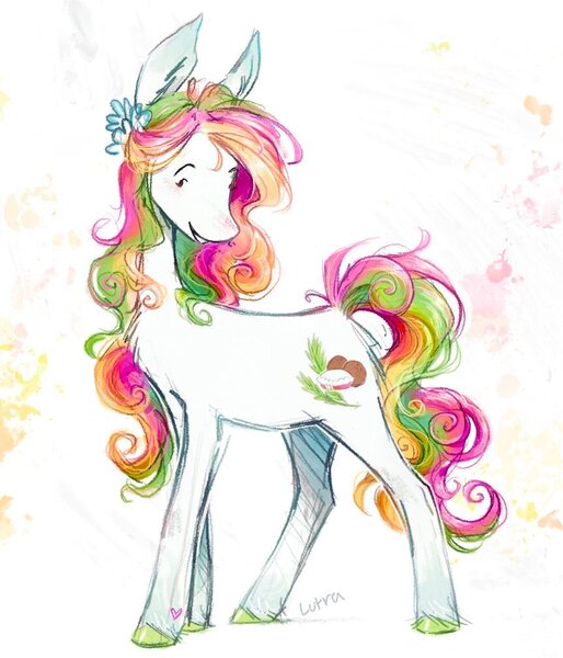 Size: 863x1008 | Tagged: safe, artist:lutraviolet, derpibooru import, coconut cream, earth pony, pony, g3, chest fluff, female, flower, flower in hair, image, jpeg, mare, solo, unshorn fetlocks