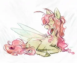 Size: 1075x882 | Tagged: safe, artist:lutraviolet, derpibooru import, fluttershy, hybrid, insect, pony, antennae, chest fluff, female, hybird, image, insect wings, jpeg, lying down, mare, prone, solo, species swap, transparent wings, wings