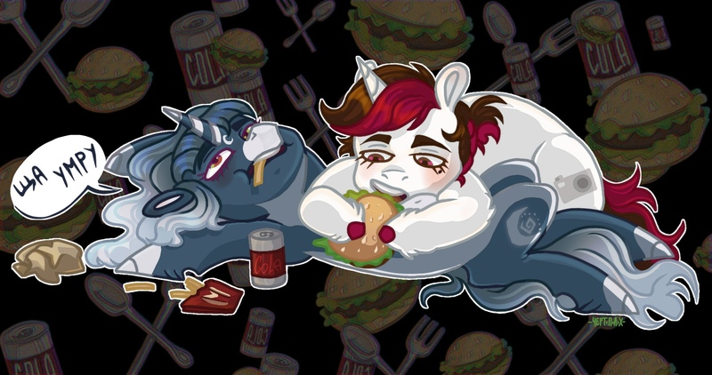 Size: 1919x1012 | Tagged: safe, artist:чертополох, derpibooru import, oc, oc:vetta, pony, unicorn, burger, coca-cola, cyrillic, food, fork, french fries, image, jpeg, russian, spoon