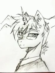 Size: 3024x4032 | Tagged: safe, artist:hysteriana, derpibooru import, oc, oc:scroll notice, oc:svetomech, pony, unicorn, clothes, ear fluff, eyebrows, eyebrows visible through hair, gift art, glasses, horn, horn ring, image, jewelry, jpeg, kazakhstan, male, monochrome, mountain, ring, simple background, sketch, solo, stallion, white background