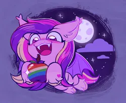 Size: 1674x1371 | Tagged: safe, artist:sidruni, derpibooru import, princess cadance, bat pony, pony, apple, bat ponified, fangs, flying, food, full moon, image, jpeg, lovebat, moon, night, open mouth, open smile, race swap, smiling, solo, unshorn fetlocks, zap apple