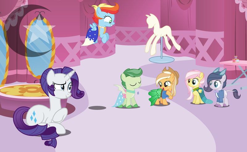 Size: 2613x1609 | Tagged: safe, artist:pastelnightyt, derpibooru import, rarity, oc, oc:apple pie (pastelnightyt), oc:blaze, oc:crystal gem, oc:harmony (pastelnightyt), oc:prism bolt, dracony, dragon, hybrid, pony, clothes, dress, female, filly, foal, image, interspecies offspring, lying down, offspring, parent:applejack, parent:caramel, parent:discord, parent:fluttershy, parent:rarity, parent:spike, parents:carajack, parents:discoshy, parents:sparity, png, prone