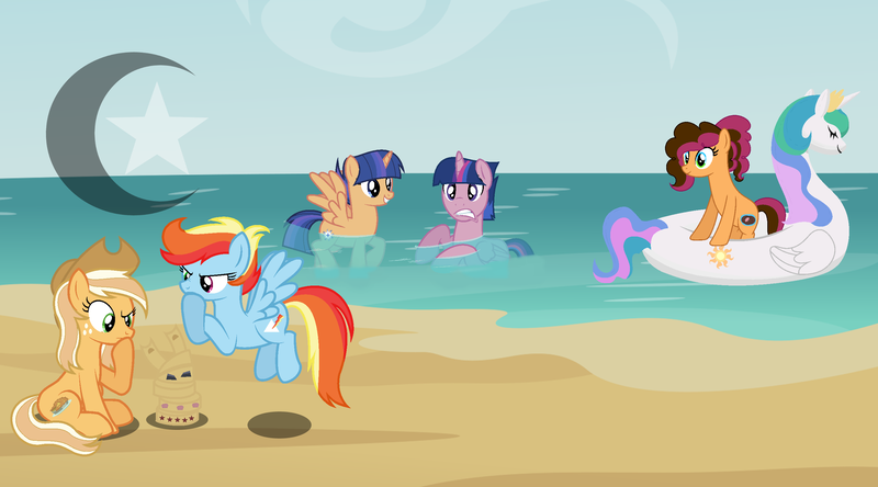 Size: 2746x1524 | Tagged: safe, artist:pastelnightyt, derpibooru import, oc, oc:apple pie (pastelnightyt), oc:rainbow prism, oc:shooting star, oc:strawberry chocolate, oc:super nova, pony, beach, image, offspring, parent:applejack, parent:caramel, parent:cheese sandwich, parent:flash sentry, parent:pinkie pie, parent:twilight sparkle, parents:carajack, parents:cheesepie, parents:flashlight, png, swan boat, swanlestia