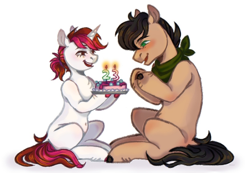 Size: 1754x1240 | Tagged: safe, artist:чертополох, derpibooru import, oc, oc:kosh, oc:vetta, earth pony, pony, unicorn, cake, food, image, jpeg