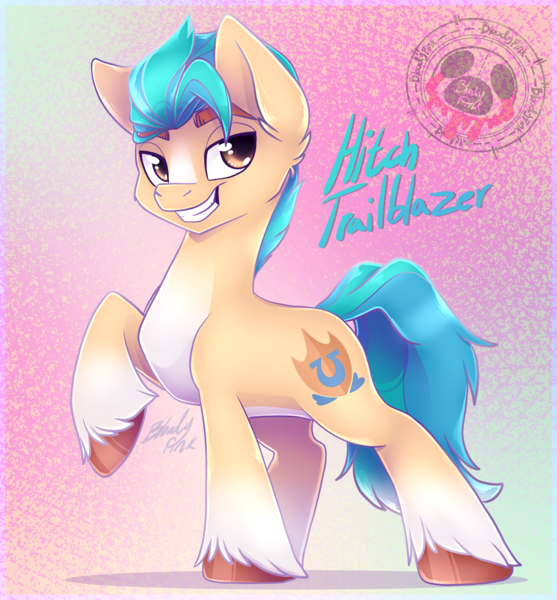 Size: 1895x2040 | Tagged: safe, artist:bloody-pink, artist:bloodypink1, derpibooru import, hitch trailblazer, earth pony, pony, g5, blaze (coat marking), coat markings, colored eyebrows, eyebrows, facial markings, grin, image, looking at you, male, name, png, raised hoof, smiling, smiling at you, socks (coat marking), solo, stallion, unshorn fetlocks