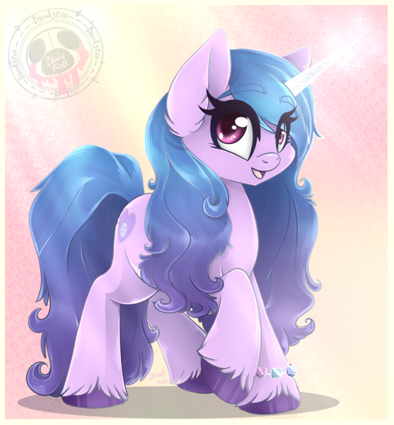 Size: 1895x2040 | Tagged: safe, artist:bloody-pink, artist:bloodypink1, derpibooru import, izzy moonbow, pony, unicorn, g5, bracelet, colored eyebrows, cute, eye clipping through hair, eyebrows, eyebrows visible through hair, female, horn, image, izzybetes, jewelry, looking at you, mare, open mouth, open smile, png, raised hoof, smiling, smiling at you, solo, unshorn fetlocks, watermark