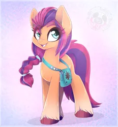 Size: 1895x2040 | Tagged: safe, artist:bloody-pink, artist:bloodypink1, derpibooru import, sunny starscout, earth pony, pony, g5, 2021, bag, braid, colored eyebrows, cute, eye clipping through hair, eyebrows, eyebrows visible through hair, female, image, mare, open mouth, open smile, png, saddle bag, smiling, solo, sunnybetes, unshorn fetlocks, watermark