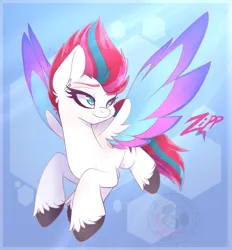 Size: 1895x2040 | Tagged: safe, artist:bloody-pink, derpibooru import, zipp storm, pegasus, pony, g5, 2021, adorazipp, colored eyebrows, colored wings, cute, eyebrows, female, flying, image, mare, multicolored wings, name, png, smiling, solo, spread wings, unshorn fetlocks, watermark, wings