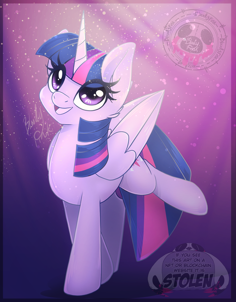 Size: 1940x2480 | Tagged: safe, artist:bloody-pink, derpibooru import, twilight sparkle, twilight sparkle (alicorn), alicorn, pony, 2022, cute, eye clipping through hair, female, folded wings, g4, high res, horn, image, mare, open mouth, open smile, png, raised leg, signature, smiling, solo, twiabetes, watermark, wings