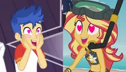 Size: 1250x721 | Tagged: safe, derpibooru import, edit, edited screencap, screencap, flash sentry, sunset shimmer, equestria girls, equestria girls series, spring breakdown, unsolved selfie mysteries, spoiler:eqg series (season 2), all good (song), belly button, bikini babe, black bikini, blushing, clothes, cropped, female, flashimmer, g4, hand on face, heart, heart eyes, image, leather, male, png, shipping, snorkel, straight, sunset shimmer swimsuit, sunset shimmer's beach shorts swimsuit, swimsuit, wingding eyes