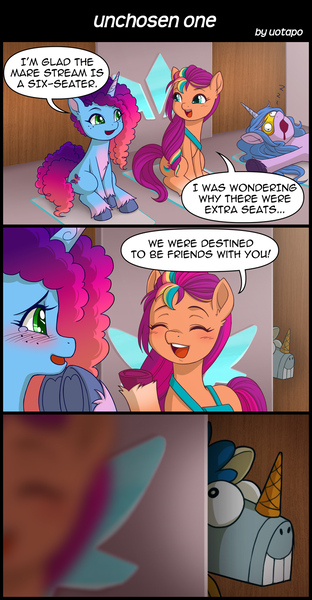 Size: 800x1540 | Tagged: safe, artist:uotapo, derpibooru import, izzy moonbow, sunny starscout, earth pony, unicorn, g5, image, jpeg, misty brightdawn, onomatopoeia, open mouth, señor butterscotch, sleep mask, sleeping, snoring, sound effects, zzz