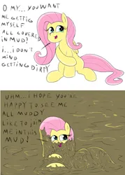 Size: 2000x2792 | Tagged: safe, artist:amateur-draw, derpibooru import, fluttershy, pegasus, covered in mud, cute, image, looking at you, looking back, looking back at you, mud, mud bath, mud play, mud pony, muddy, png, simple background, solo, text, wet and messy