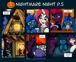 Size: 3508x2834 | Tagged: safe, artist:dsana, derpibooru import, fizzlepop berrytwist, tempest shadow, oc, oc:lullaby dusk, oc:thistledown, earth pony, pegasus, pony, unicorn, comic:a storm's lullaby, image, nightmare night, png