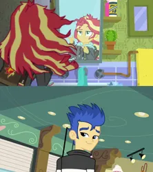 Size: 1280x1440 | Tagged: safe, derpibooru import, edit, edited screencap, screencap, flash sentry, sunset shimmer, eqg summertime shorts, equestria girls, equestria girls (movie), monday blues, bathroom, clothes, female, flashimmer, hoodie, image, looking at you, male, messy hair, mirror, png, shipping, smiling, straight