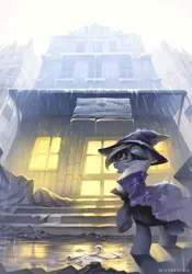 Size: 2067x2953 | Tagged: safe, artist:ramiras, derpibooru import, trixie, pony, unicorn, fanfic, building, cape, clothes, cyrillic, fanfic art, fanfic cover, female, floppy ears, g4, hat, high res, image, looking up, mare, open mouth, outdoors, png, rain, raised hoof, russian, signature, solo, trixie's cape, trixie's hat, wizard hat