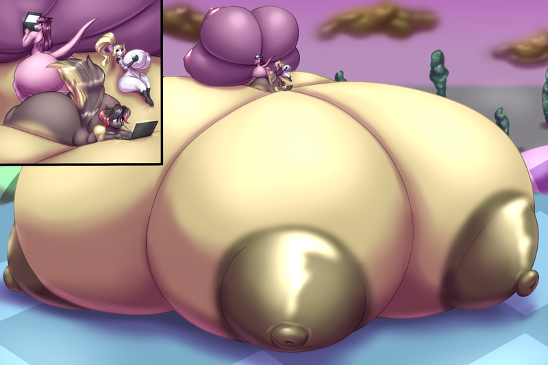 Size: 3000x2000 | Tagged: questionable, artist:blues64, artist:moonlitbrush, derpibooru import, oc, oc:estelle, oc:ruby, oc:violetta, unofficial characters only, anthro, badger, cow, dragon, series:gamer girl growth challenge, areola, barefoot, big breasts, breast expansion, breasts, breasts on floor, busty oc, butt, butt expansion, commission, computer, dragoness, exposed breasts, feet, female, gamer, growth, growth drive, height difference, horns, huge breasts, hyper, hyper breasts, image, impossibly large breasts, laptop computer, large butt, lizard breasts, multiboob, nipples, non-pony oc, nudity, png, size difference, species swap