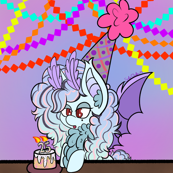 Size: 3000x3000 | Tagged: safe, artist:solardoodles, derpibooru import, oc, oc:solar sulfure, bat pony, fluffy pony, insect, moth, mothpony, original species, pony, unicorn, antennae, birthday, birthday cake, cake, candle, chest fluff, ear fluff, fangs, fire, fluffy, food, gradient background, hat, image, party hat, png, solo, table