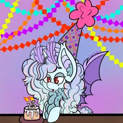 Size: 3000x3000 | Tagged: safe, artist:solardoodles, derpibooru import, oc, oc:solar sulfure, bat pony, fluffy pony, insect, moth, mothpony, original species, pony, unicorn, antennae, birthday, birthday cake, cake, candle, chest fluff, ear fluff, fangs, fire, fluffy, food, gradient background, hat, image, party hat, png, solo, table