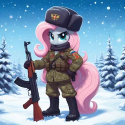 Size: 1024x1024 | Tagged: safe, ai content, derpibooru import, machine learning generated, oc, unofficial characters only, anthro, ak-47, assault rifle, boots, camouflage, clothes, female, generator:bing image creator, generator:dall-e 3, gloves, gun, hat, image, jpeg, military, military uniform, not fluttershy, outdoors, rifle, russia, shoes, snow, snowfall, soldier, solo, spetsnaz, tree, uniform, ushanka, weapon
